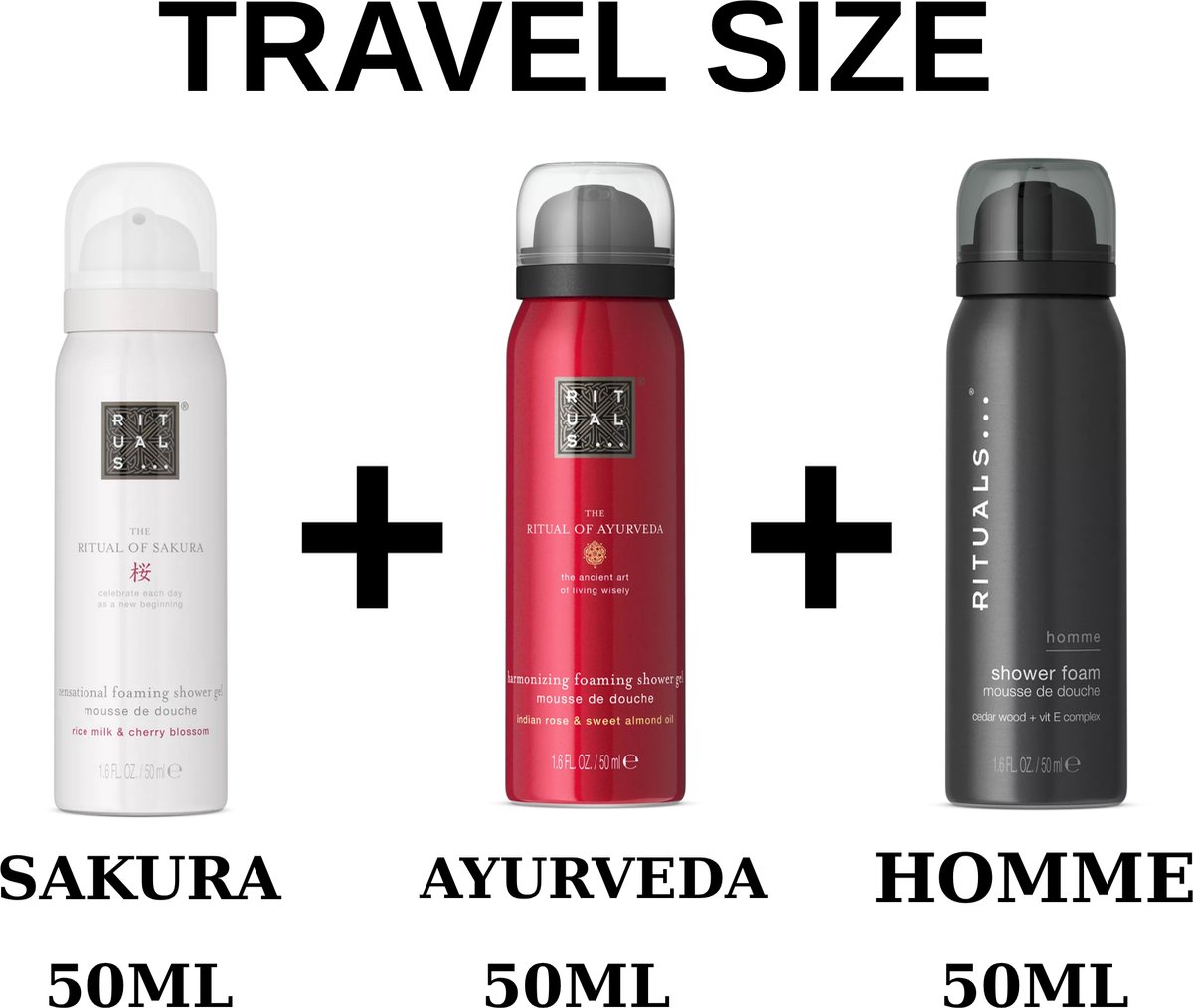 Rituals Combi Set - Travel Shower Gels Set - Sakura 50 ml - Ayurveda 50 ml - Homme 50 ml - Doucheschuim - Douchegels + Gift bag
