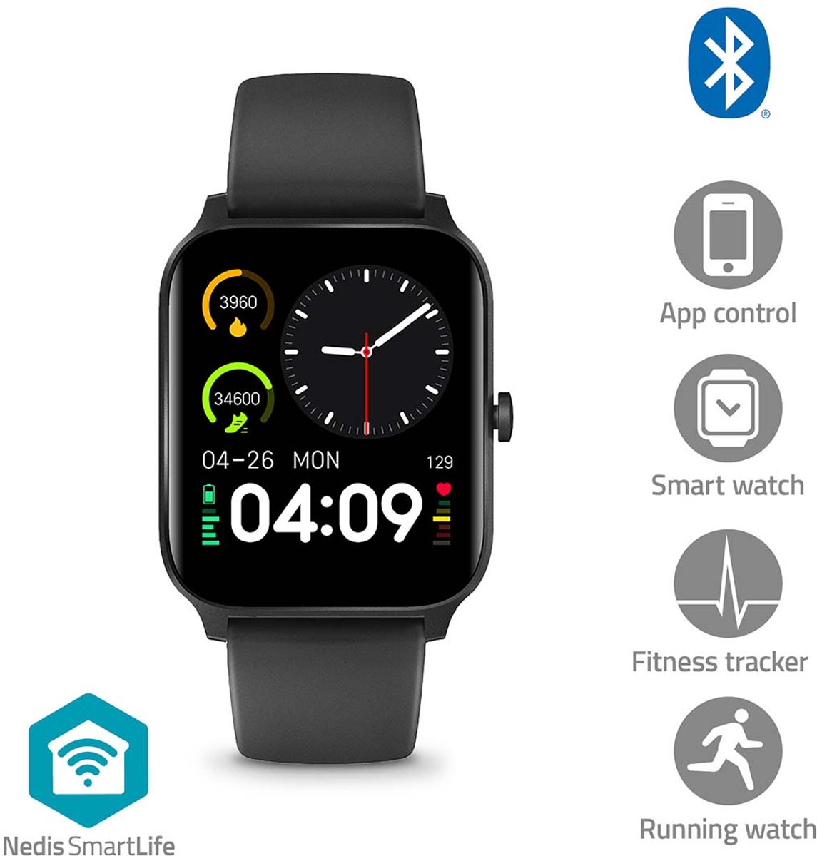 Nedis Smartwatch – Bluetooth – Waterdicht – Smartwatch – 40mm – Zwart