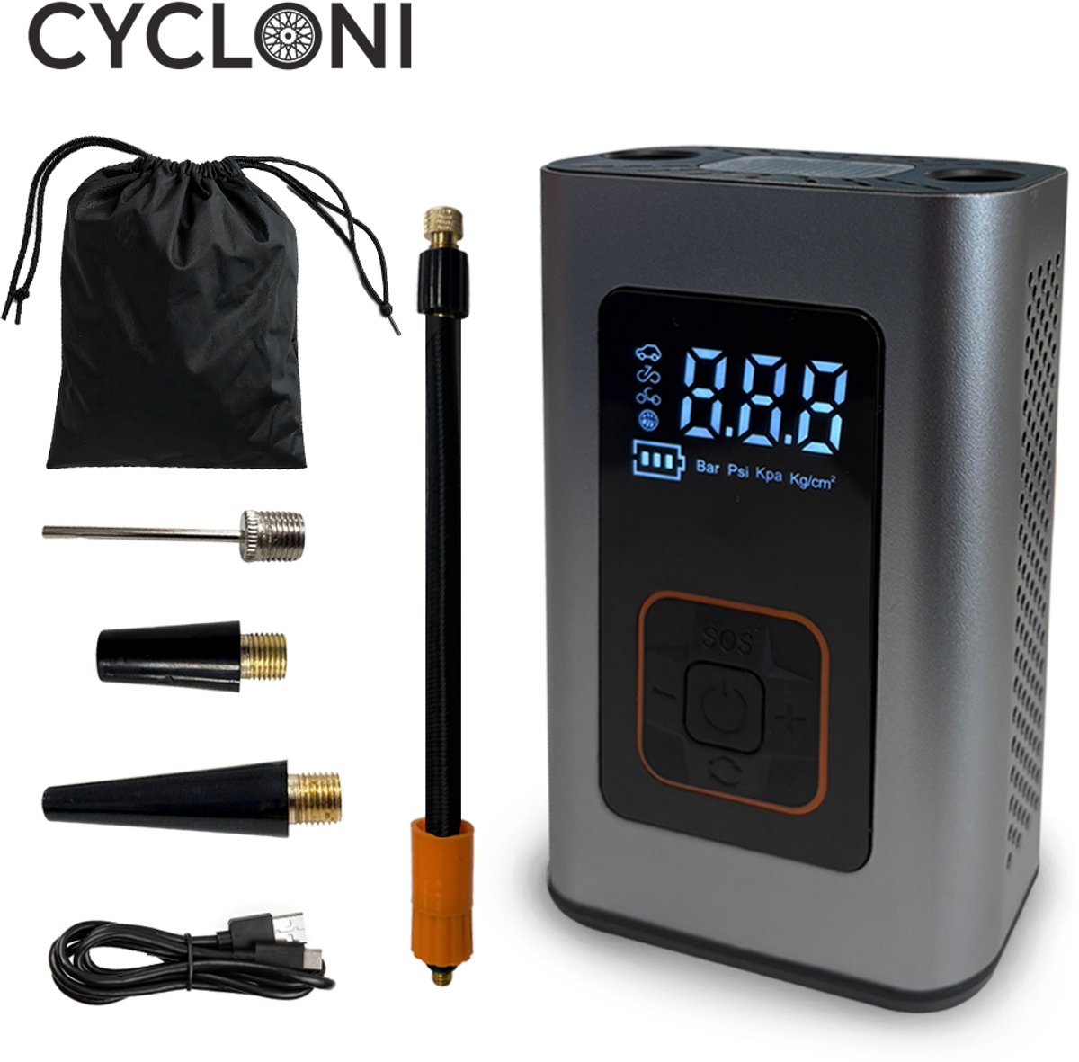 Cycloni Elektrische Fietspomp – Draagbare Luchtcompressor – Voor Fiets, Scooter, Motor en Auto – Oplaadbare Bandenpomp met Powerbankfunctie – Tot 10.3 Bar – Inclusief Opbergzakje – Grijs