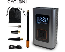 Cycloni Elektrische Fietspomp – Draagbare Luchtcompressor – Voor Fiets, Scooter, Motor en Auto – Oplaadbare Bandenpomp met Powerbankfunctie – Tot 10.3 Bar – Inclusief Opbergzakje – Grijs