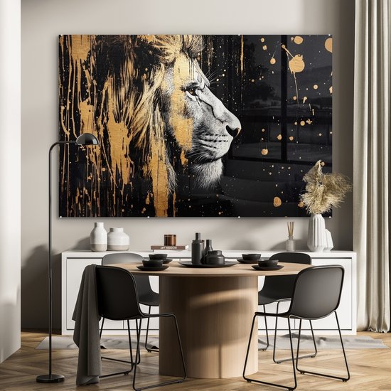 MuchoWow® Glasschilderij 150x100 cm - Schilderij acrylglas - Portret - Leeuw - Abstract - Goud - Foto op glas - Muurdecoratie woonkamer - Wanddecoratie slaapkamer - Schilderijen