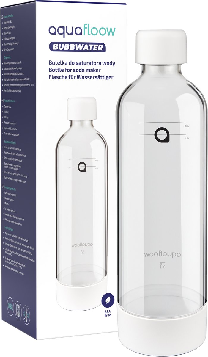 AquaFloow, fles voor carboneermachines, flessen voor sodamaker, 800 ml, BPA-vrij, compatibel met AquaFloow Bubbwater, wit, 1 stuk