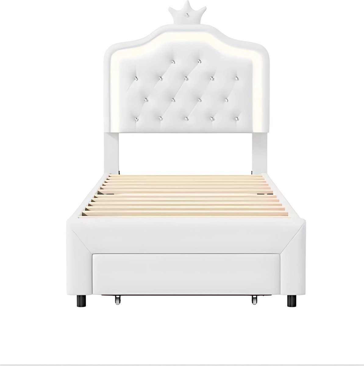 Happiq Kinderbed Tavien voor meisjes - 90x200cm - Gestoffeerd bed met 1 lade - LED-verlichting en rugleuning - Eenpersoonsbed Wit