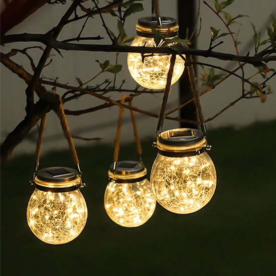 Decoratieve Solar Tuinlampen – Waterdichte Buitenverlichting op Zonne-energie – Gebarsten Glazen Pot met 20 LED Koperdraadlampjes – IP65 – Sfeerverlichting voor Boom, Veranda, Feest & Bruiloft
