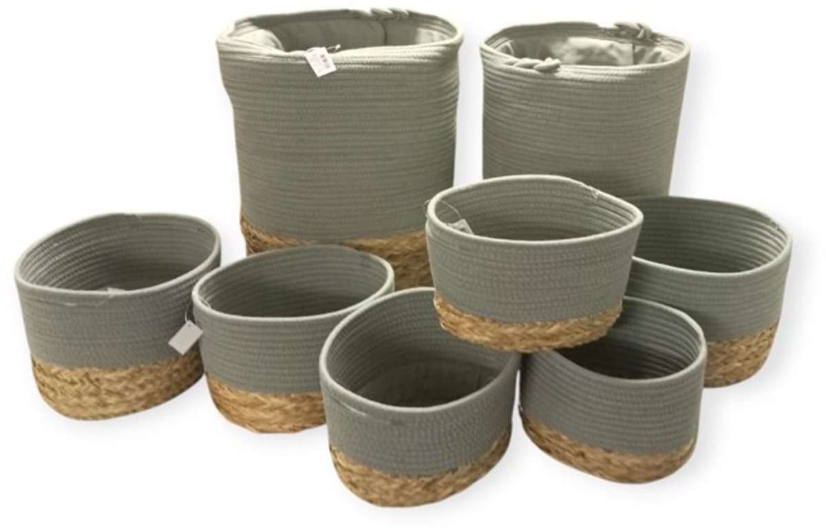 PANIER À LINGE ROND GM COTON/MATÉRIAU VÉGÉTAL 50*37CM KAKI LOT DE 8 PANIERS EN COTON GRIS