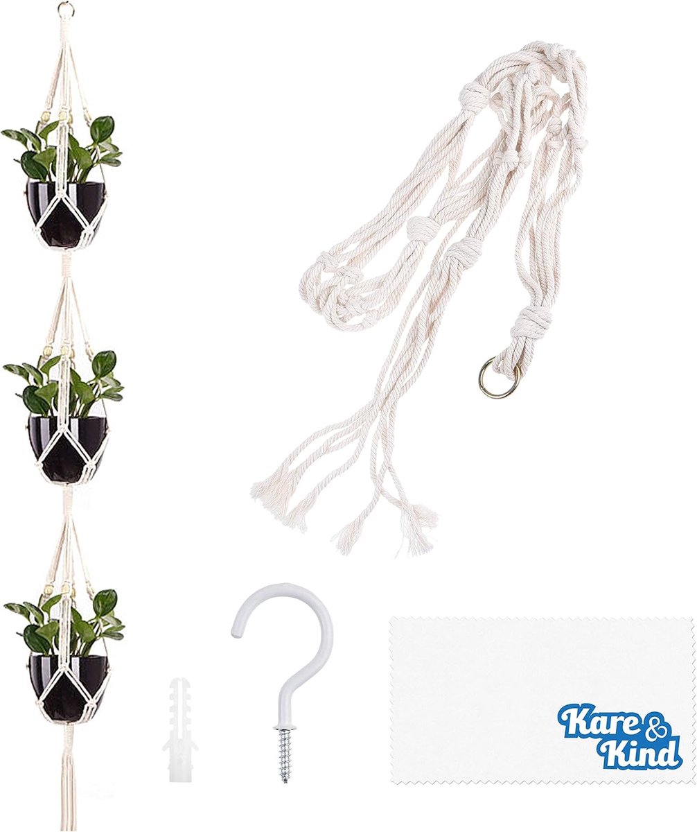 3-laags macramé plantenhanger - inclusief haak - uitbreidingsbout - reinigingsdoek - 3 potten display - katoenen touw materiaal - voor bloempotten - hangplanten - binnen - buiten gebruik