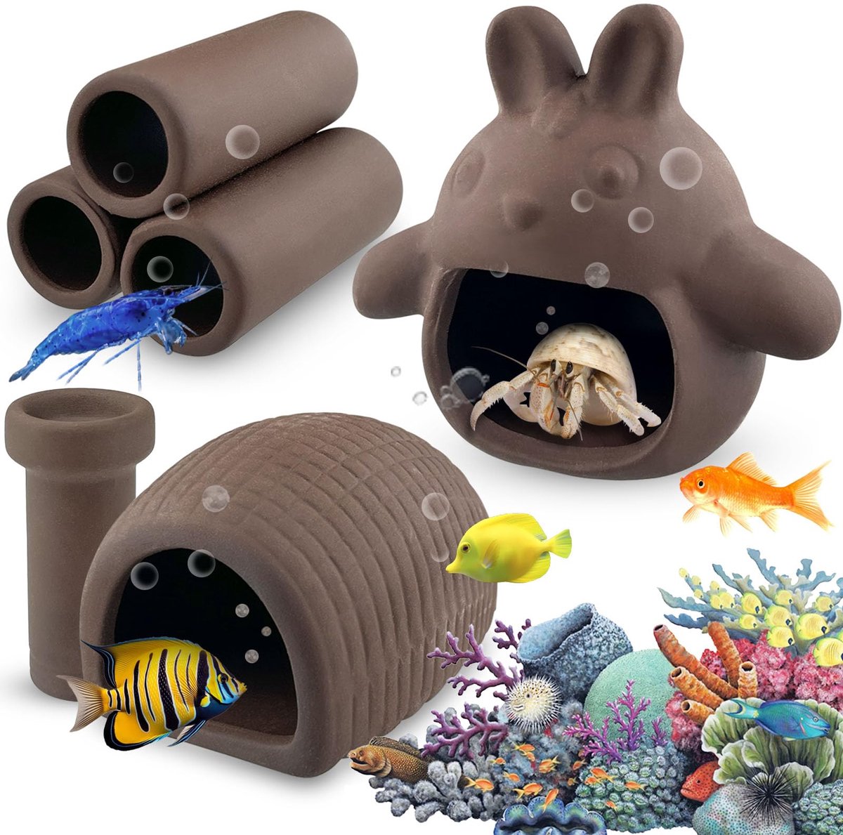 Ibenzoa® Aquarium Decoratieset met Keramische Verstopplaatsen voor Vissen en Garnalen - 4 Stuks