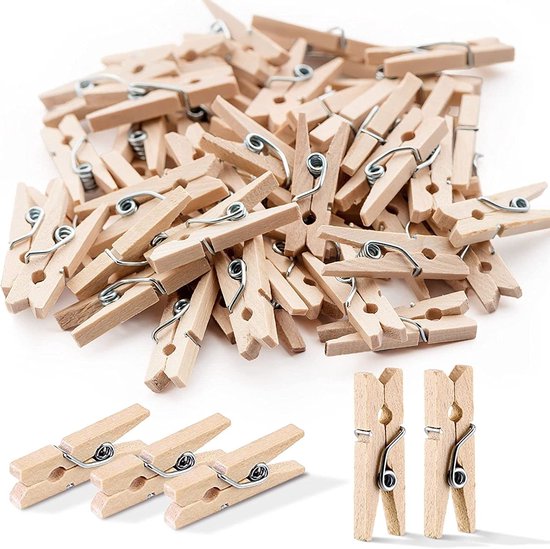 100 stuks houten mini-wasknijpers, 3 cm, met 10 m jute twine