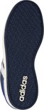 Zool van een blauwe Adidas sneaker met witte strepen en logo.