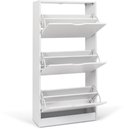 Witte schoenenkast met drie niveaus en openklapbare deuren.