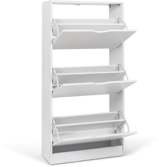 Witte schoenenkast met drie niveaus en openklapbare deuren.