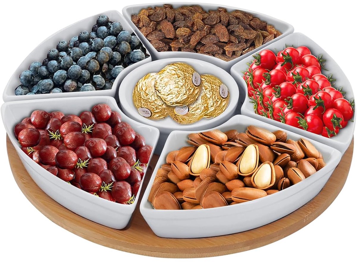 Roterende Dip Set - Draaibaar Dienblad - 29 cm - Keramisch - Met Bamboe Platter