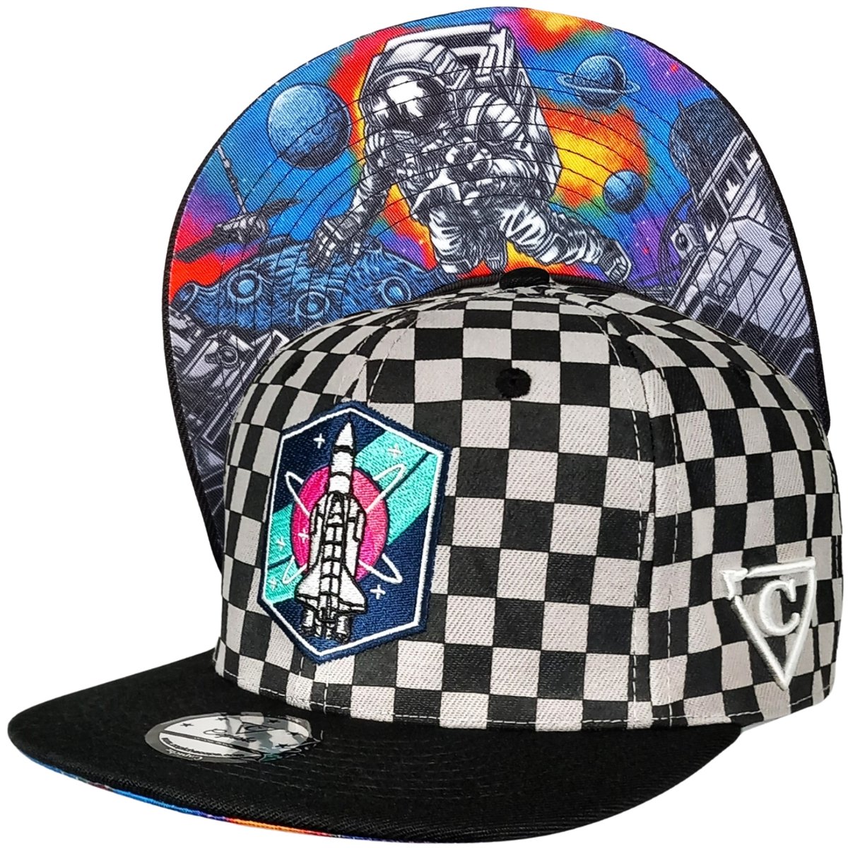 Capiche® Snapback Pet – Astronaut in de Ruimte – Grijs & Zwart Geblokt Patroon – Checkered Patroon – Verstelbaar met Druksluiting – Pet Mannen – Astronaut in Spac