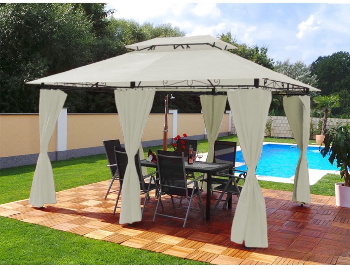 Yolo-deals - Tuin Prieel DeLuxe met LED verlichting - Solar - 3x4M - UV bestendig - Incl zijwanden - Creme