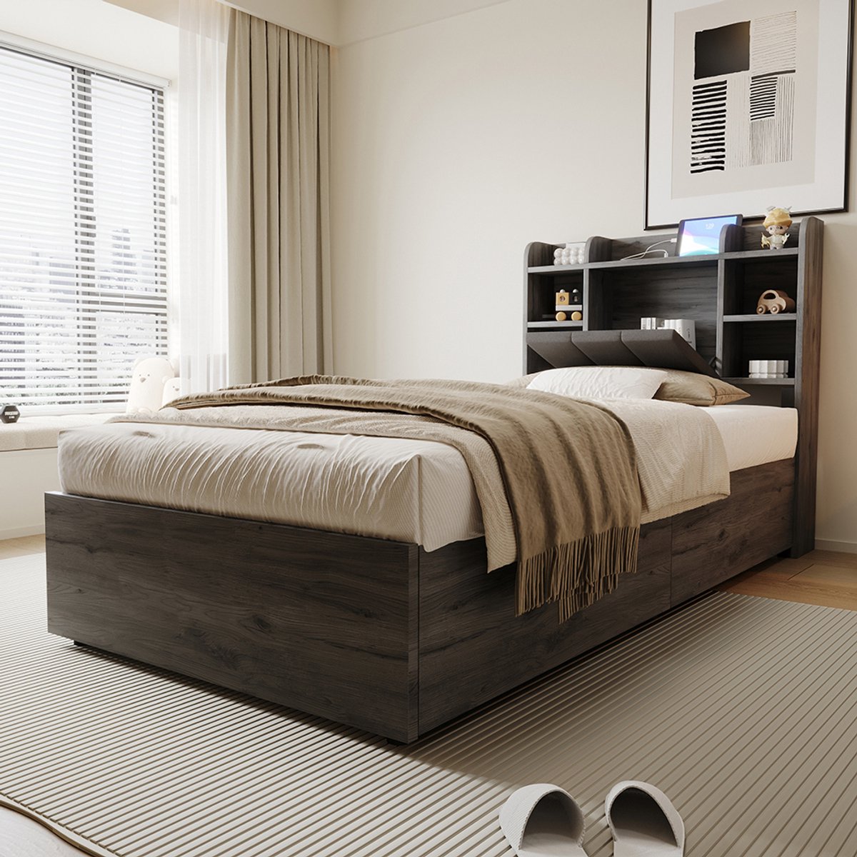 KOMHTOM Houten bed 90 x 200 cm, hydraulisch bed, hoofdeinde met opbergruimte, voorzien van een USB-aansluiting en een C-aansluiting, eenpersoonsbed, tienerbed, grijs (zonder matras)