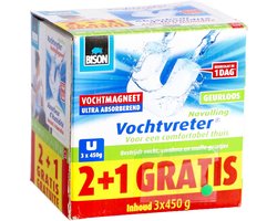 Bison Vochtvreter® magneet 450g 2+1 gratis - Parfumvrije navulling voor Vochtvreter® apparaat, 3x 450 g, bestrijd hoge luchtvochtigheid in woonruimtes, ook geschikt voor caravans en campers