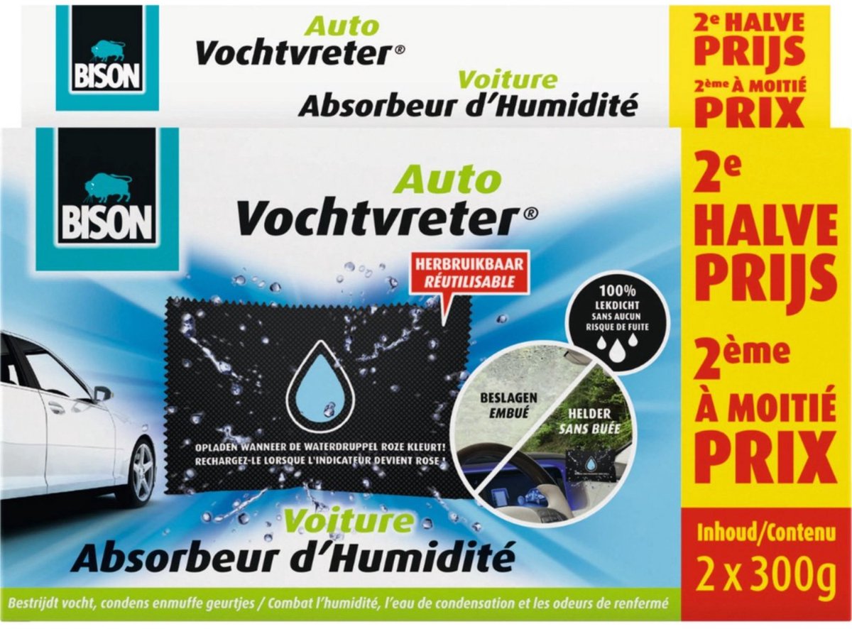 Bol.com Bison Vochtvreter Auto, luchtonvochtiger speciaal voor in de auto, bestrijdt vocht en condens in auto's, herbruikbaar, 2... aanbieding
