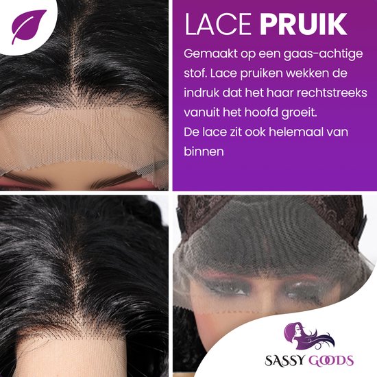 Collage van close-ups van een zwarte lace pruik, met focus op de haaraanzet en de lace.