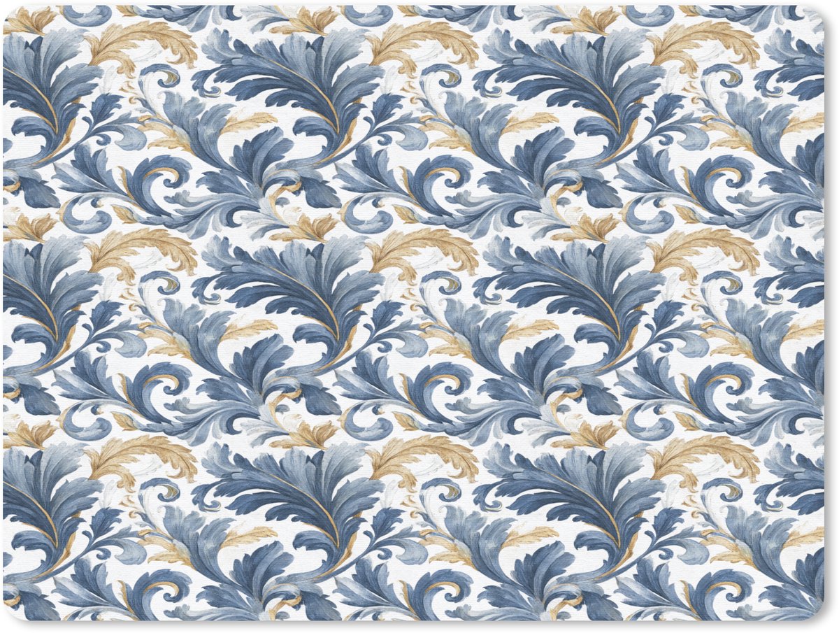 Muismat 23x19 cm - Mousepad Bloem - Blauw - Goud - Patroon - Muismatten