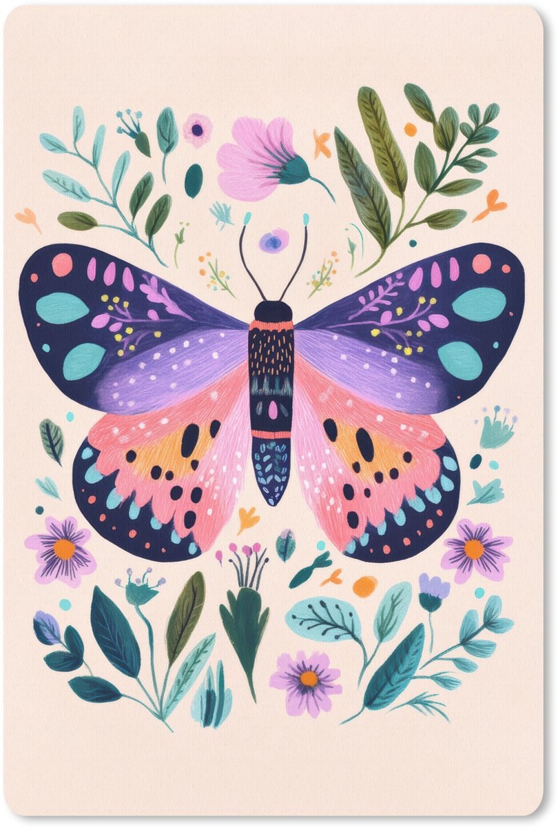 Muismat 18x27 cm - Mousepad Bloemen - Bladeren - Vlinder - Kleurrijk - Muismatten