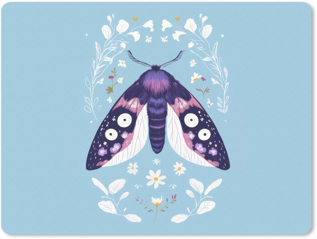 Muismat 23x19 cm - Mousepad Bladeren - Wit - Vlinder - Insect - Muismatten
