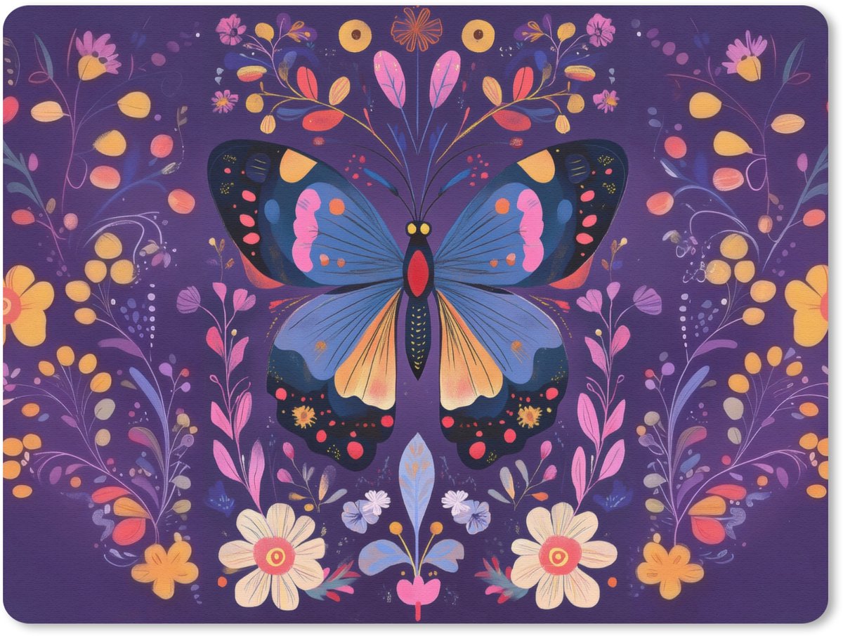 Muismat 23x19 cm - Mousepad Sierlijk - Bloemen - Vlinder - Paars - Muismatten