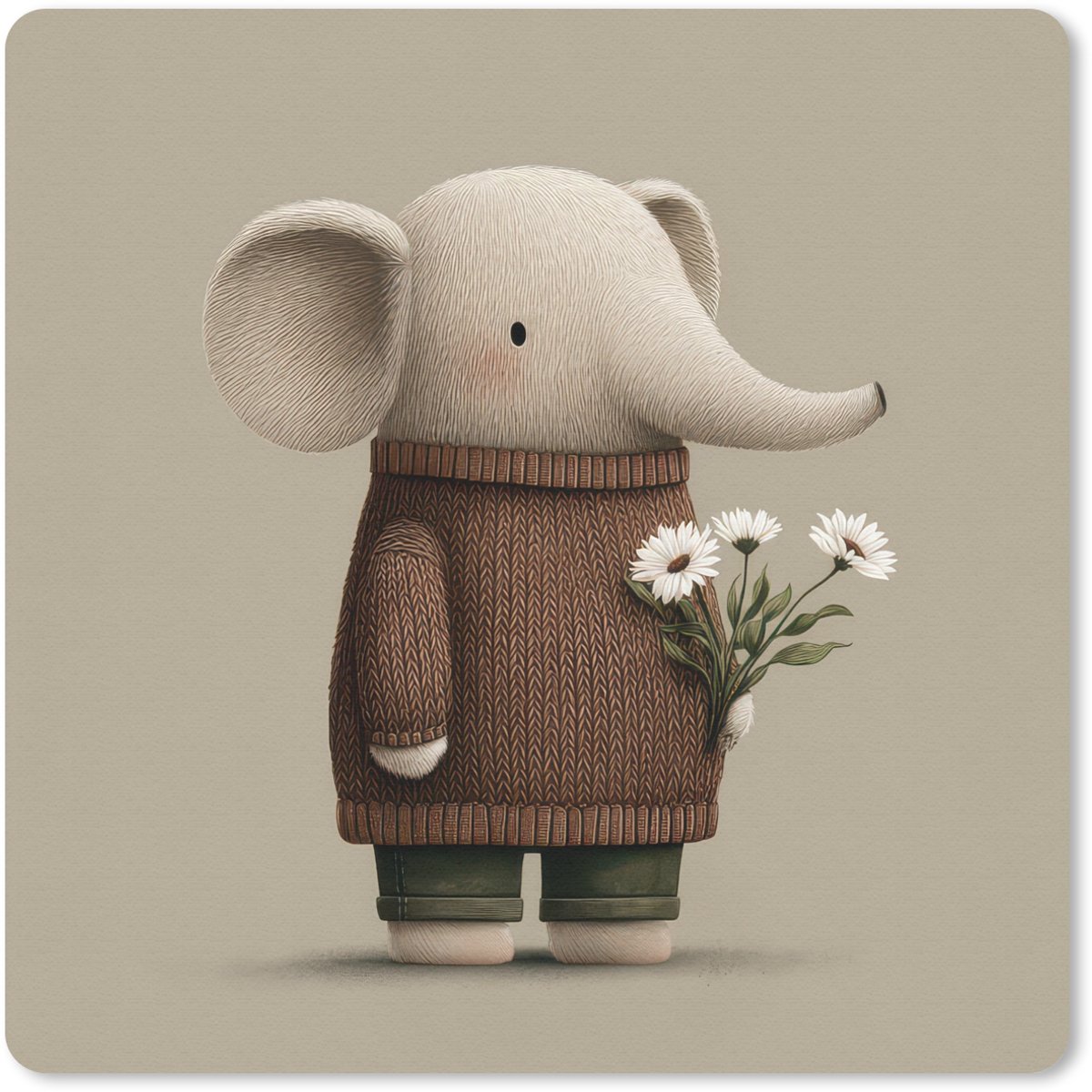 Muismat 20x20 cm - Mousepad Olifant - Witte bloemen - Kindvriendelijk - Muismatten