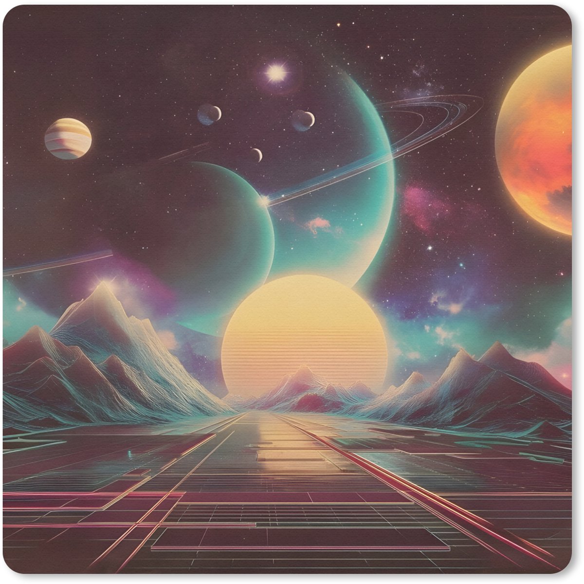 Muismat 30x30 cm - Mousepad Planeten - Neon - Berglandschap - Zon - Muismatten