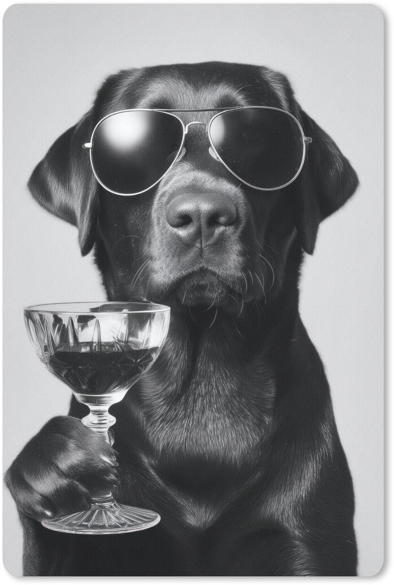 Muismat 18x27 cm - Mousepad Hond - Zwart - Wijnglas - Zonnebril - Muismatten