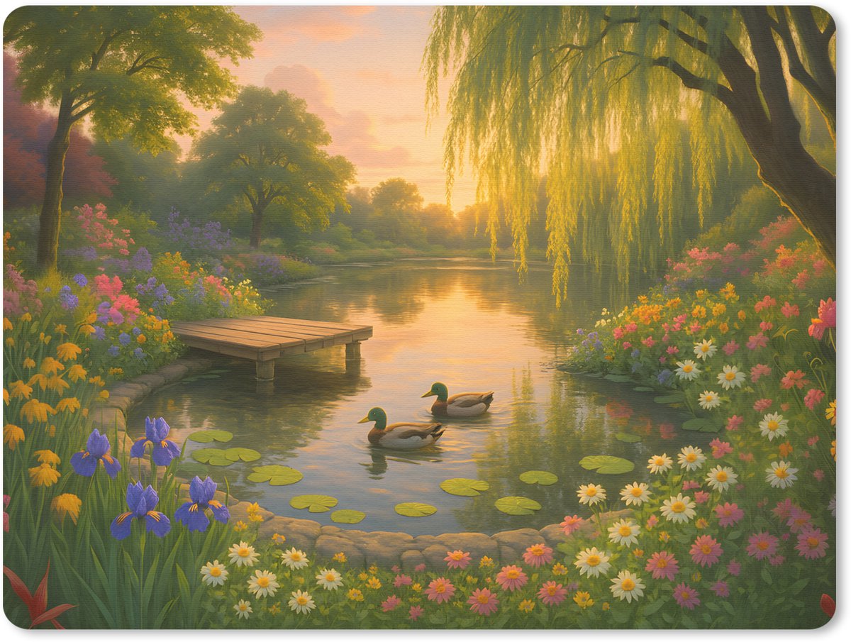 Muismat 23x19 cm - Mousepad Eenden - Vijver - Bloemen - Muismatten