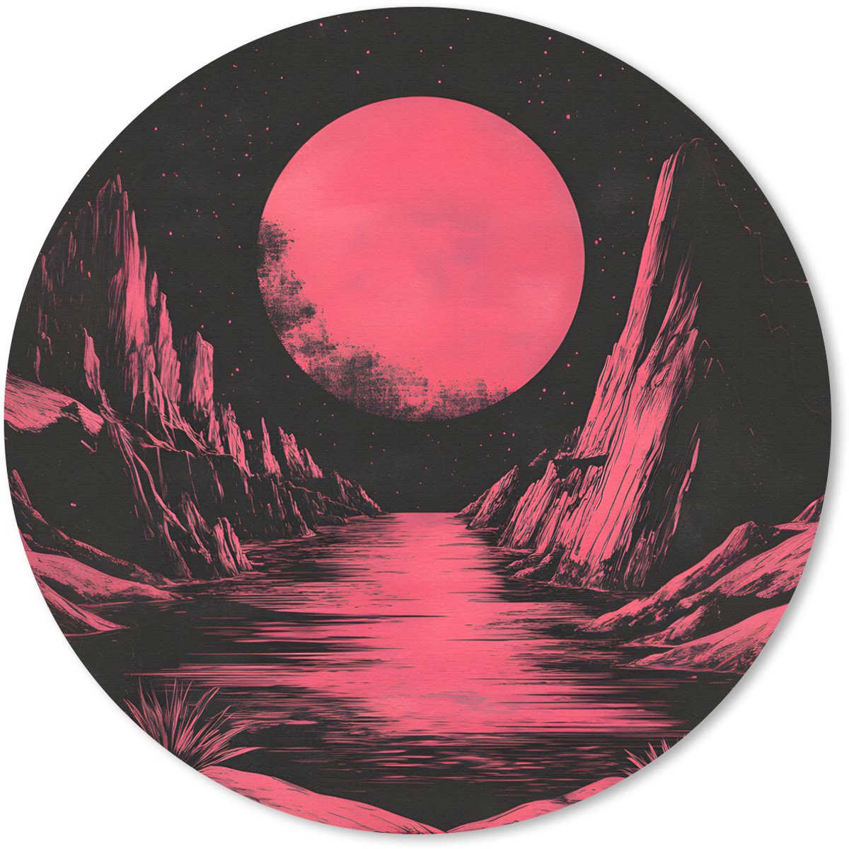 Muismat rond 50x50 cm - Mousepad Maan - Felroze - Bergen - Rivier - Ronde muismatten