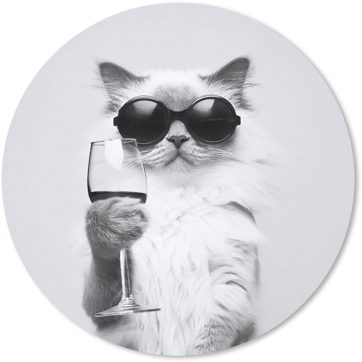Muismat rond 30x30 cm - Mousepad Kat - Zonnebril - Wijnglas - Langharig - Ronde muismatten