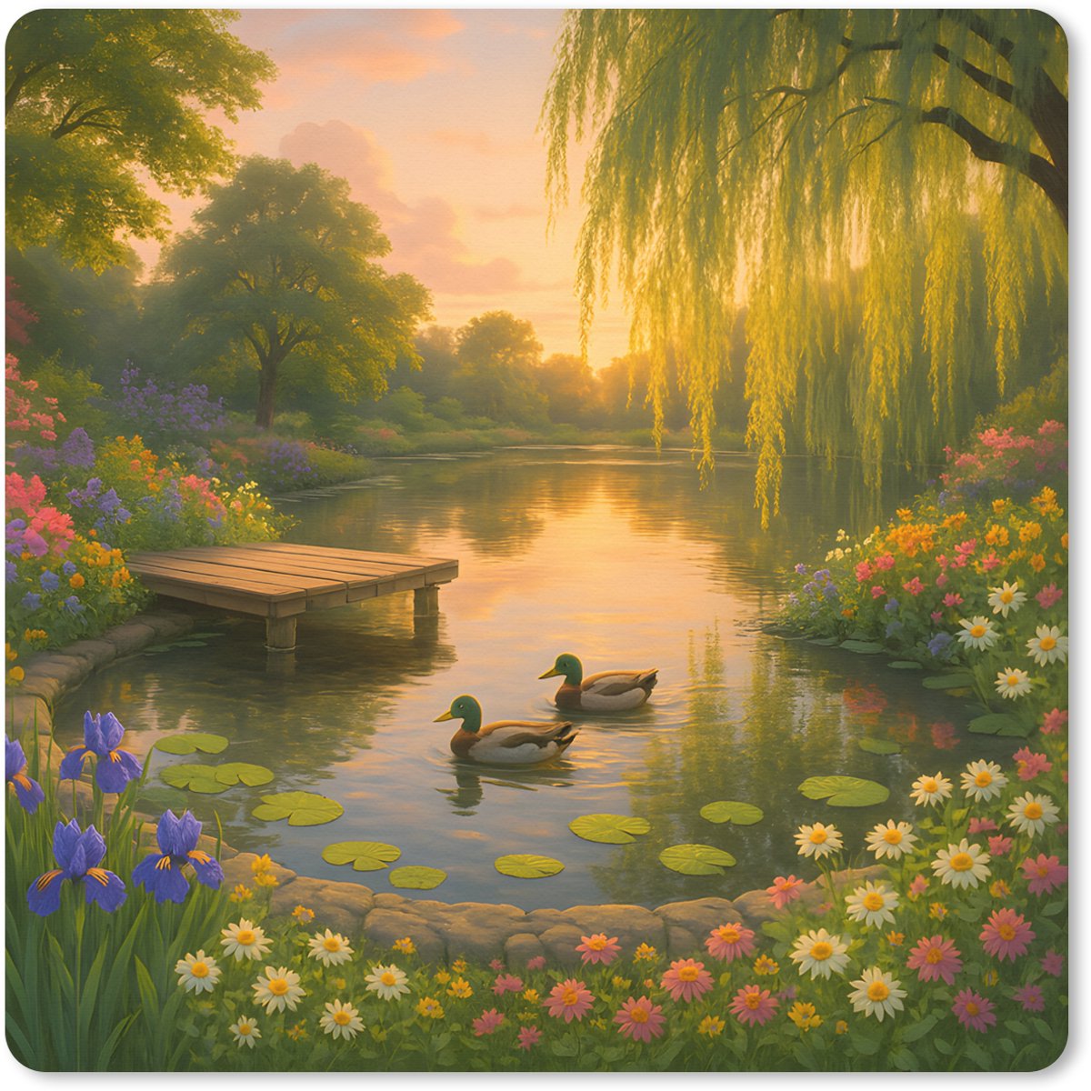 Muismat XXL 80x80 cm - Bureau onderlegger - Bureau mat Eenden - Vijver - Bloemen - Bureaumat - Gaming mousepad xl - Bureaulegger groot - Computer deskmat