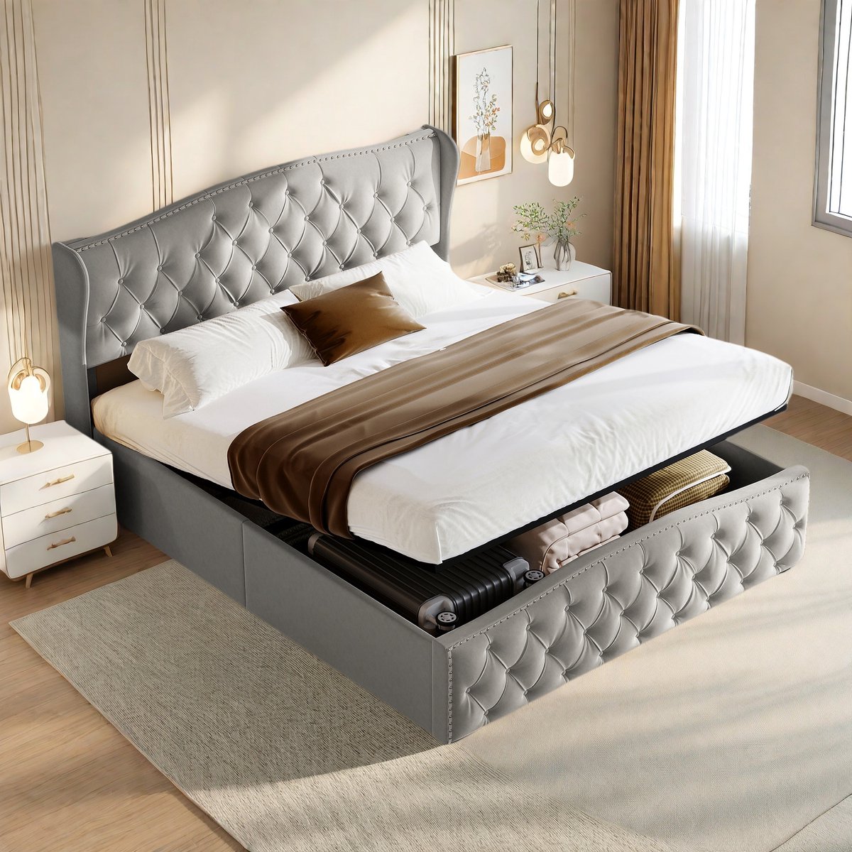 Tweepersoonsbed 140x200cm met Lattenbodem & Hydraulische Opbergruimte, Gestoffeerd Boxspringbed van Fluweel voor Moderne Slaapkamer & Jeugdkamer