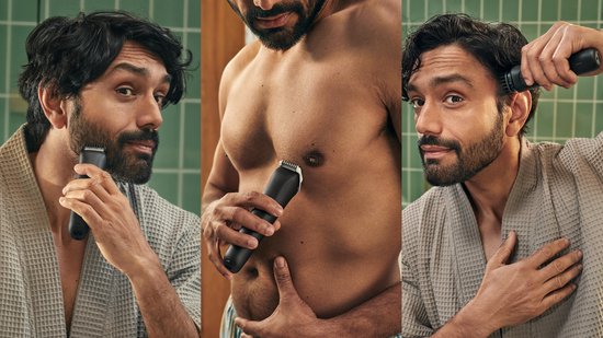 Collage: man trimt baard, lichaam en haar met Philips All-in-One trimmer.