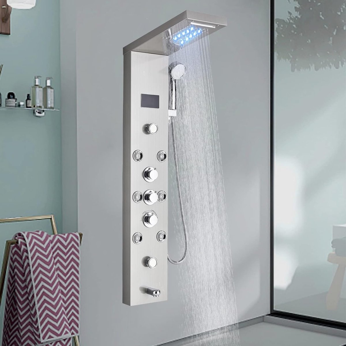 Douchekolom Hydromassage Roestvrijstalen douchekolom met 8 massagestralen en LCD-temperatuurdisplay Wanddouchesysteem, geborsteld nikkel