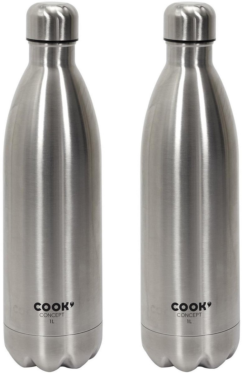 Cook Concept Travel drinkfles voor warme en koude dranken - 2x - zilver - roestvrij staal - met schroefdop - 1000 ml
