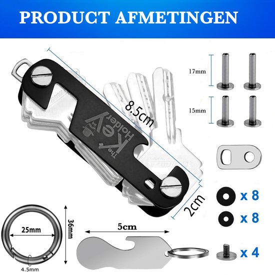Afmetingen van de zwarte sleutelhouder, sleutelring en flesopener, met meegeleverde onderdelen.