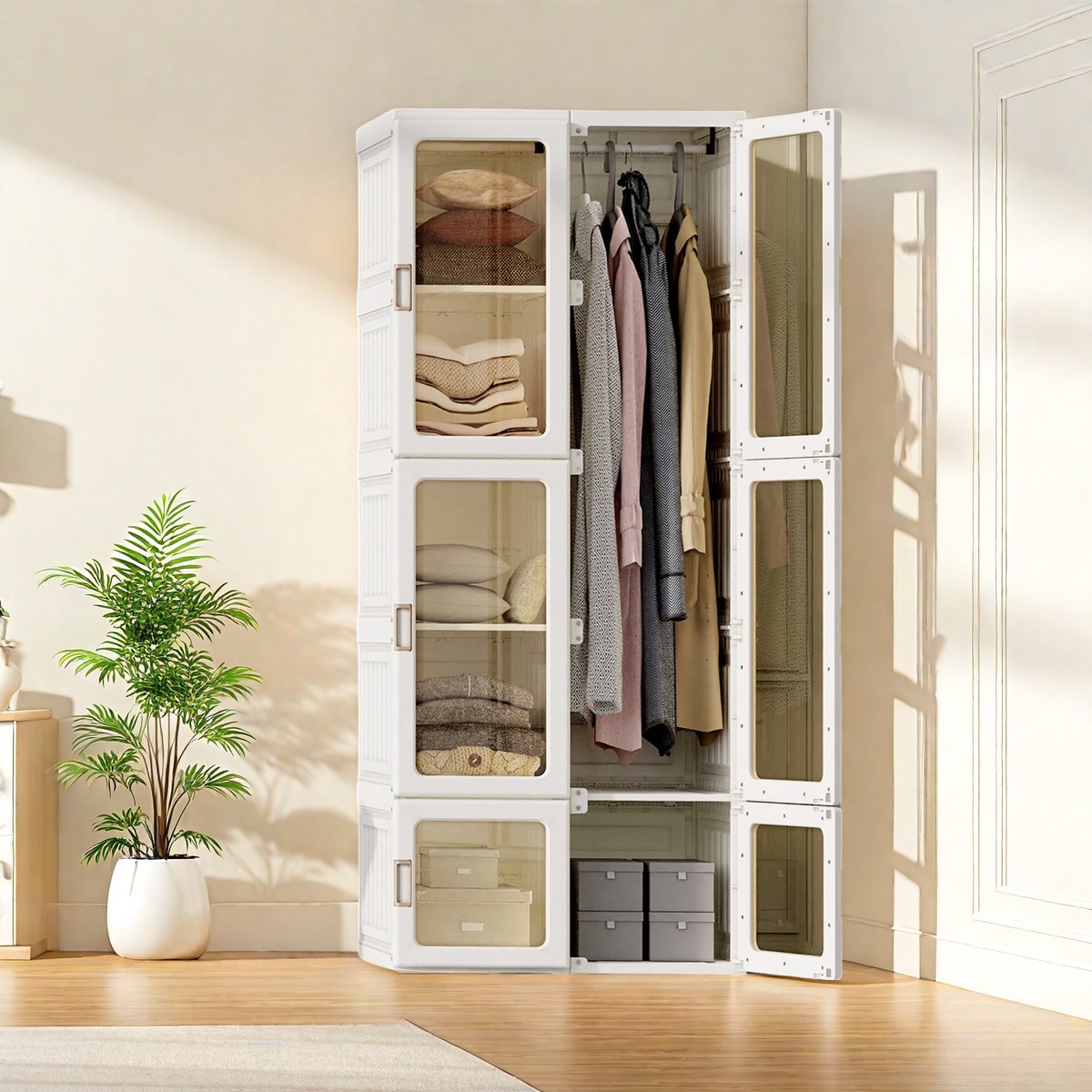 Opvouwbare kledingkast van PP-kunststof, kledingopbergkast met kledingstang, kast organizer set voor slaapkamer & kleedkamer
