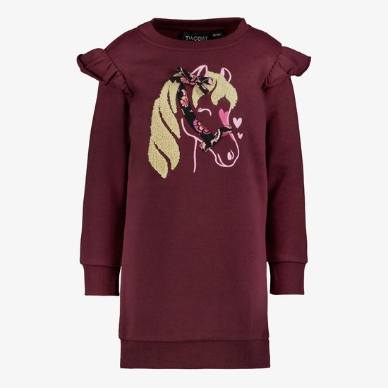 Bordeauxrode sweatjurk met paardenprint, ruches op de schouders en lange mouwen.