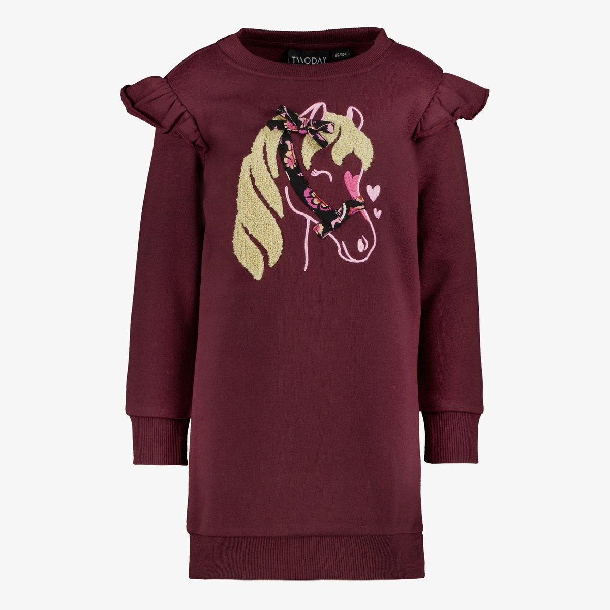 TwoDay meisjes sweatjurk met paard bordeaux rood - Maat 98/104