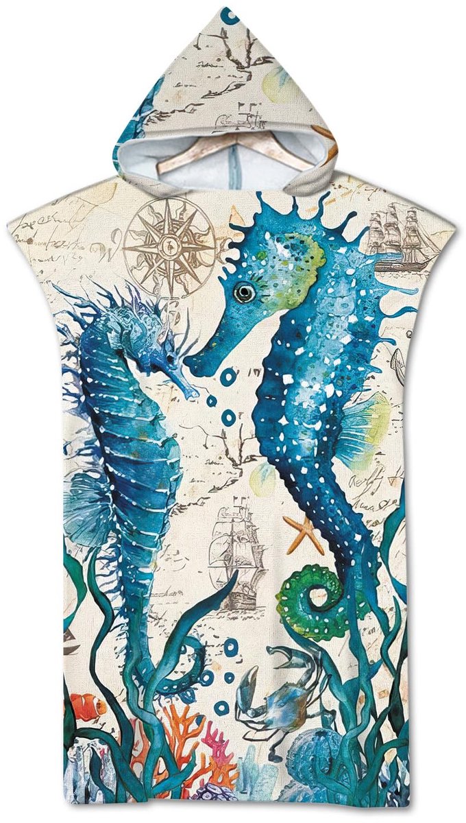 Strandponcho - Sneldrogend met Capuchon en Onderwaterwereld Dierenprint - Voor Volwassenen - Blauw 75x65 cm