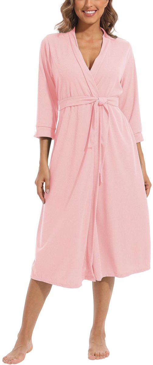 Dames Kimono Badjas - Lichtgewicht, Zacht en Lang - Met 3/4 Mouwen, V-hals en Zakken - Roze Maat M