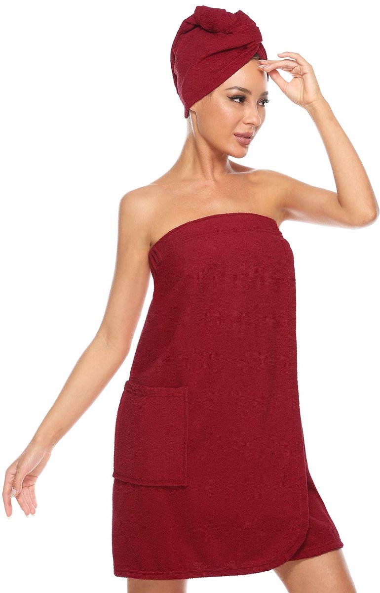 Dames Saunakilt & Haartuch - Met Klittenbandsluiting en Elastische Band - Voor Sauna - Wijnrood S/M