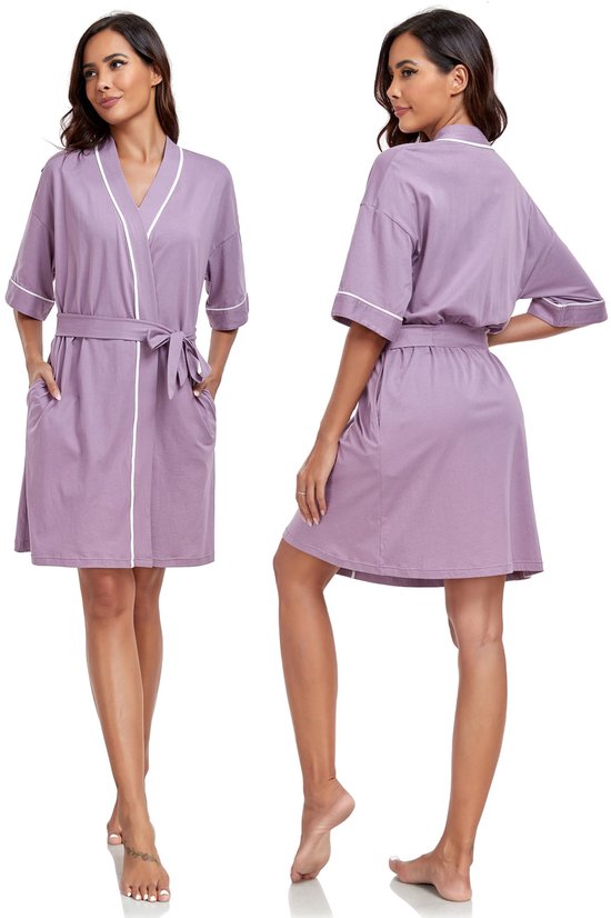 Ekouaer Badjas dames wafel lichtgewicht badjas zachte gebreide badjassen met zakken spa kimono loungewear, magenta S