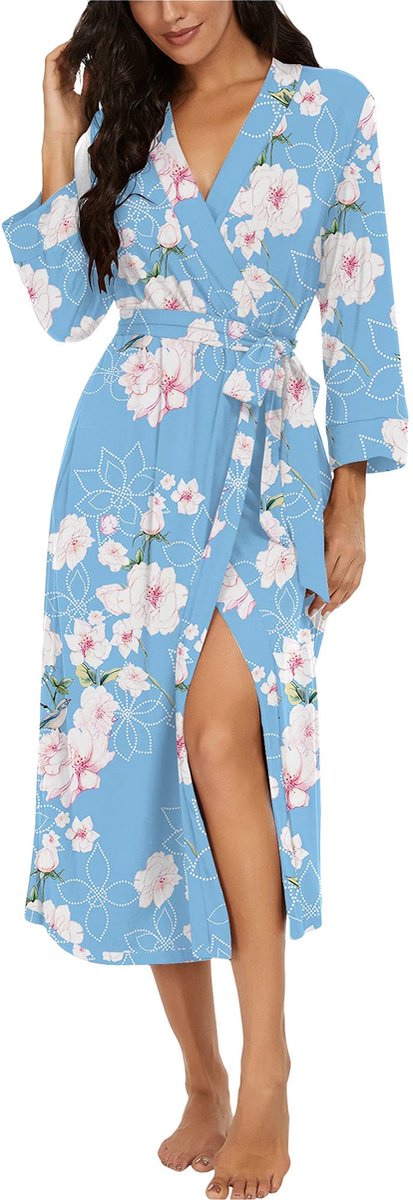Lange Dames Badjas - Zacht Gebreid Kimono-model met V-hals - Kapok Lichtblauw XL