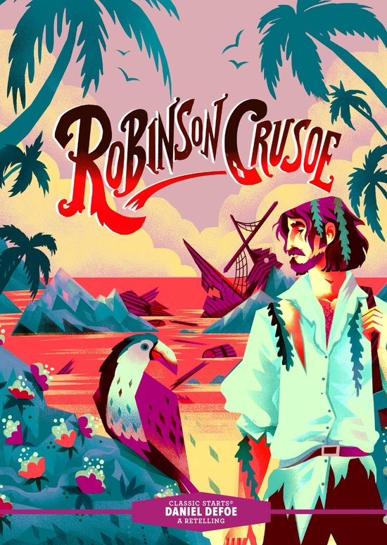 Illustratie van Robinson Crusoe op een eiland, met een schip, een papegaai en palmbomen.