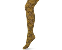 Bonnie Doon Panty met Kant 60 Denier Geel Dames maat 40/42 L - Kanten Bloem Motief - Tekent Niet - Bloemen Print - Chique Bloemenprint - Gladde Naden - Maximaal Draagcomfort - Oker Geel - Goud - Old Gold - BN251966.302