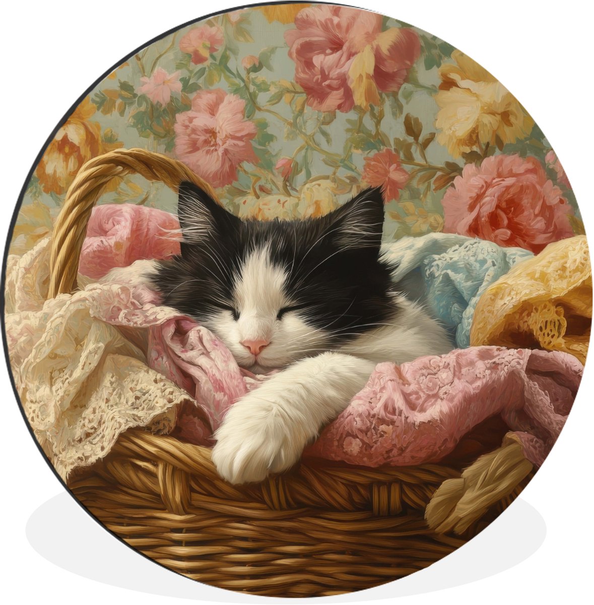 WallCircle Wandcirkel - Muurcirkel - Kat - Bloemenprint - Rieten mand - Aluminium - Dibond - 140x140 cm - Binnen en Buiten Kat - Bloemenprint - Mand