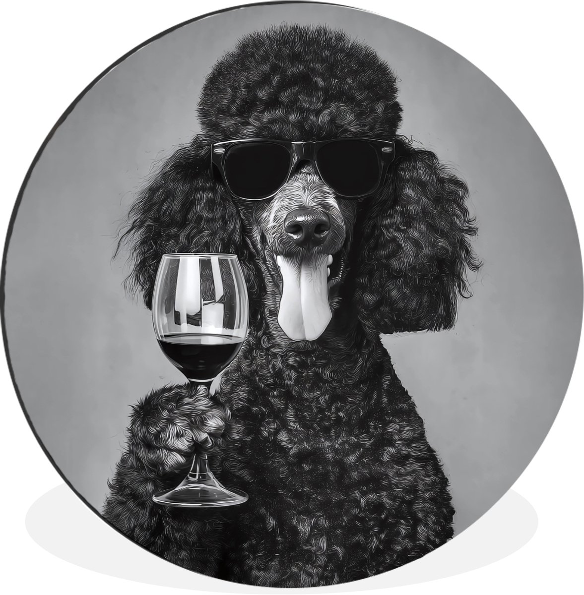 WallCircle Wandcirkel - Muurcirkel - Hond - Krullen - Zonnebril - Wijn - Aluminium - Dibond - 90x90 cm - Binnen en Buiten Hond - Wijn
